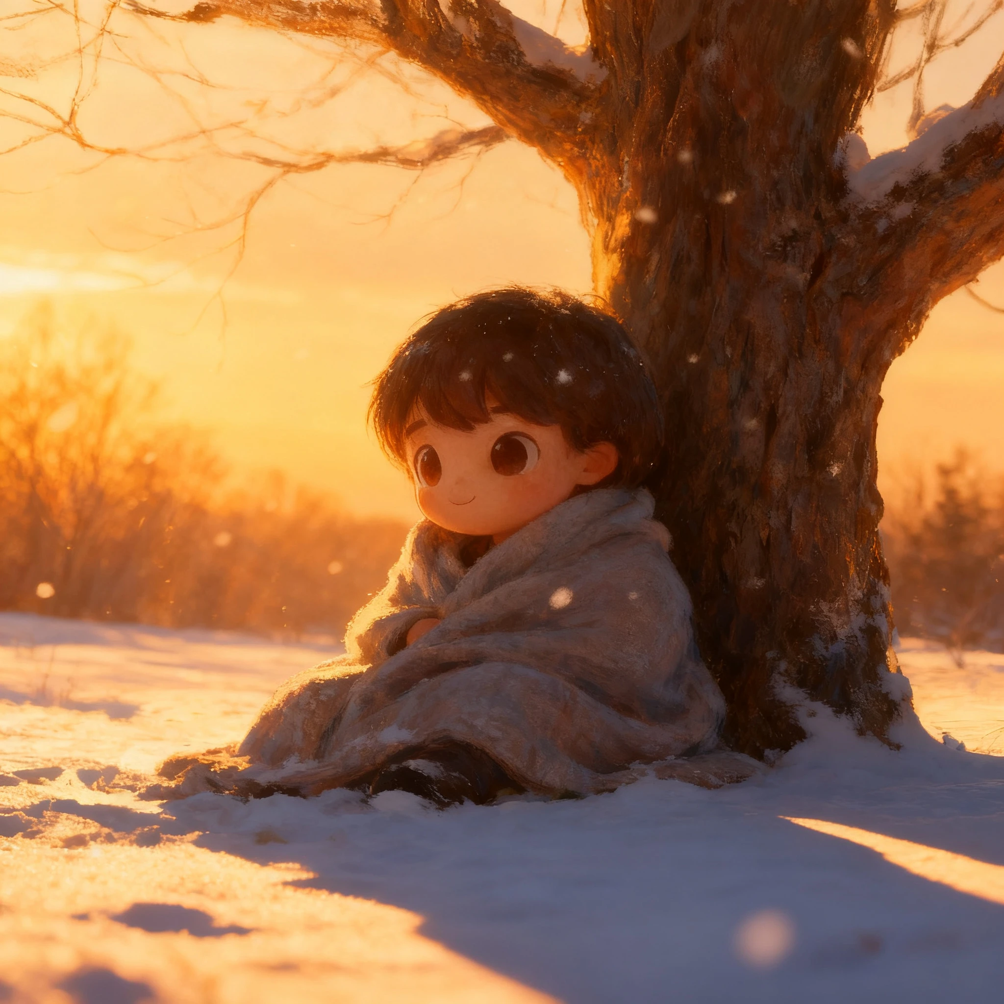 Snow boy scene time of day variation — golden sunset