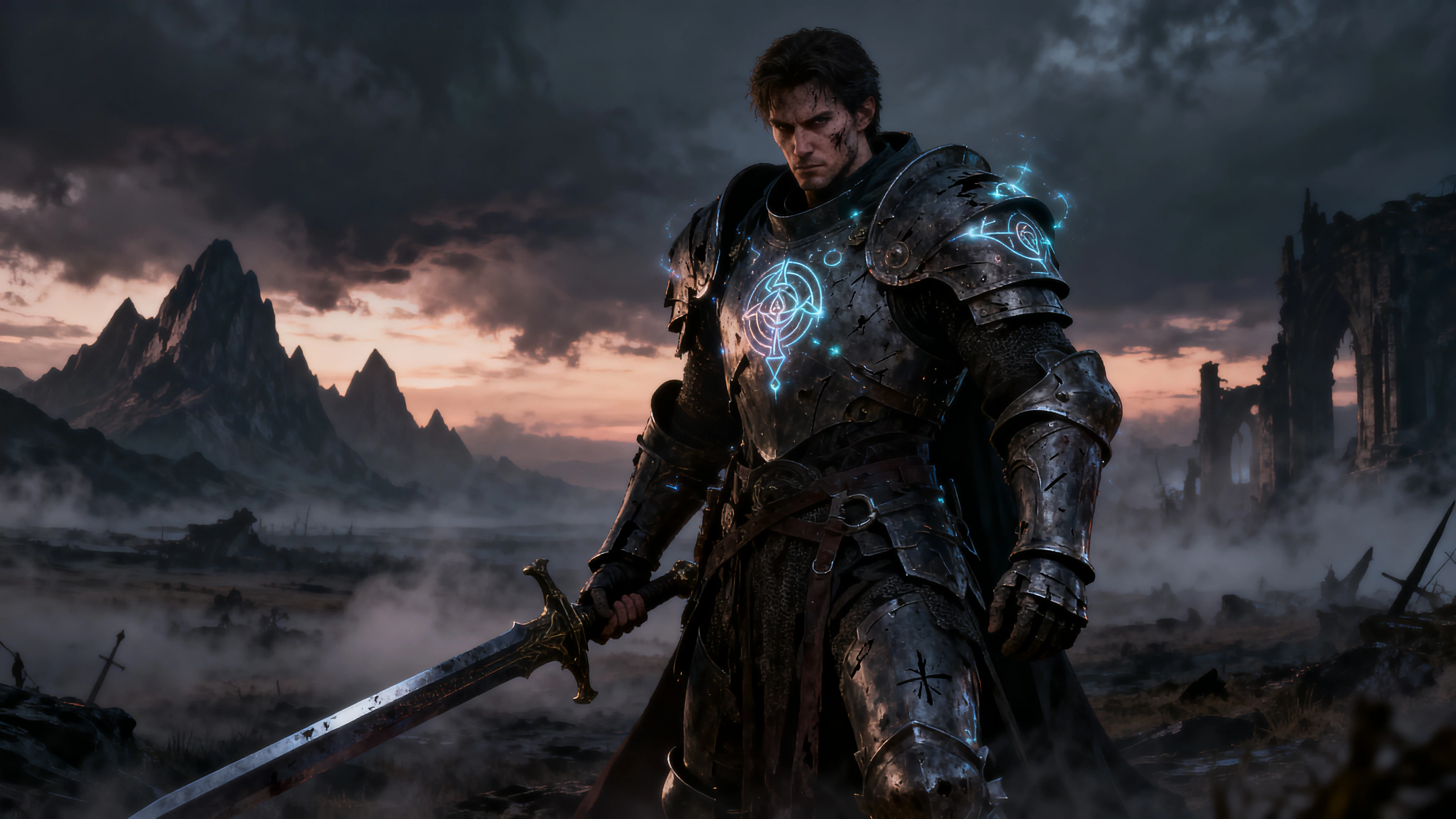 Original warrior knight on dark misty battlefield with glowing rune armour