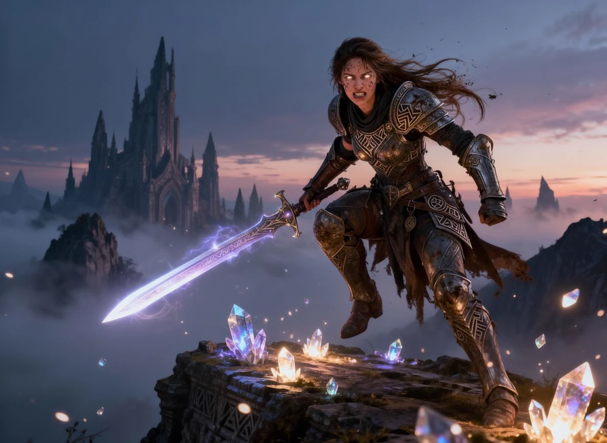 Crystal guardian knight in a running attack pose — AI pose variation example