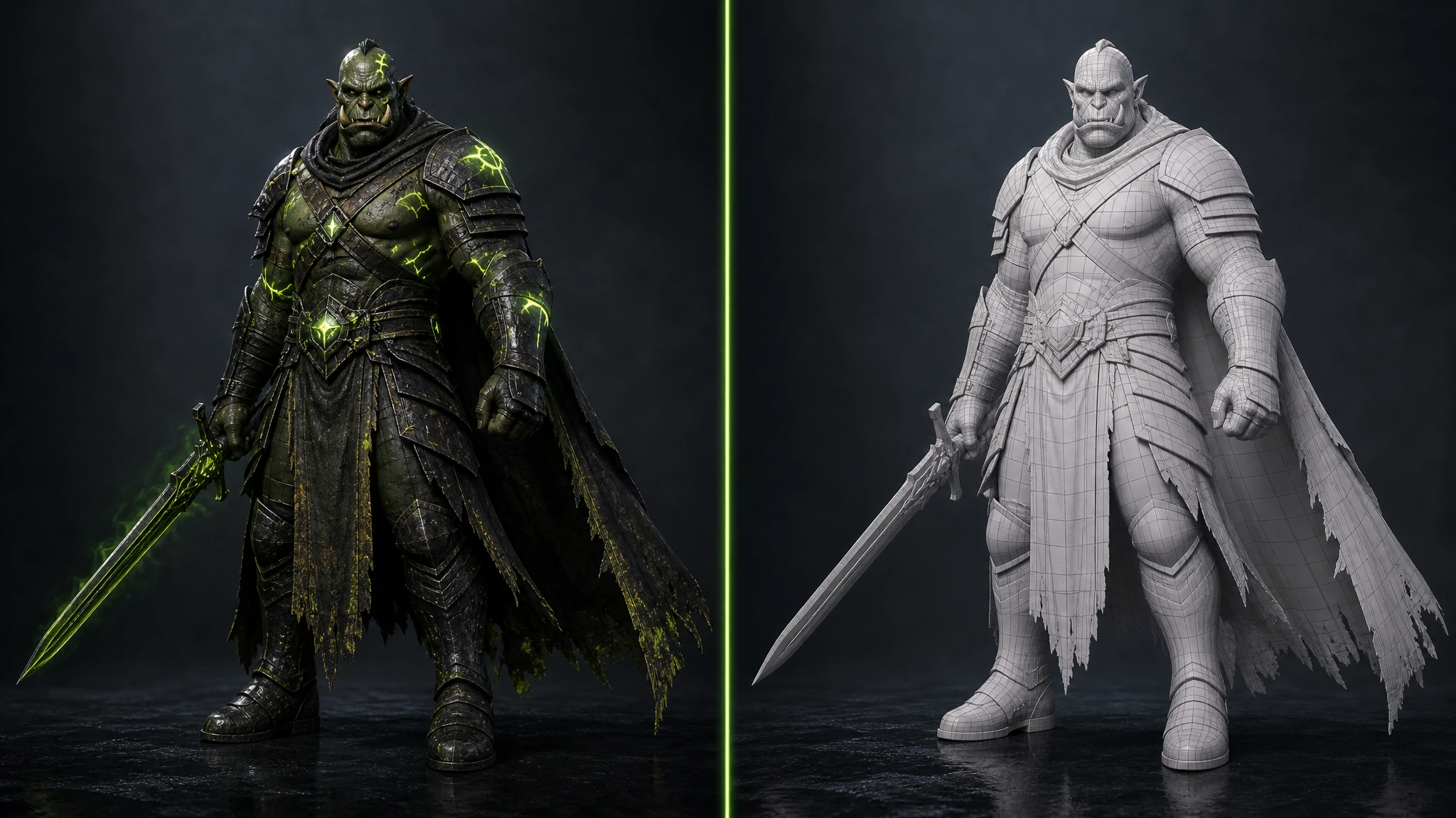Textured 3D orc character next to its untextured mesh, demonstrating AI text-to-3D model generation