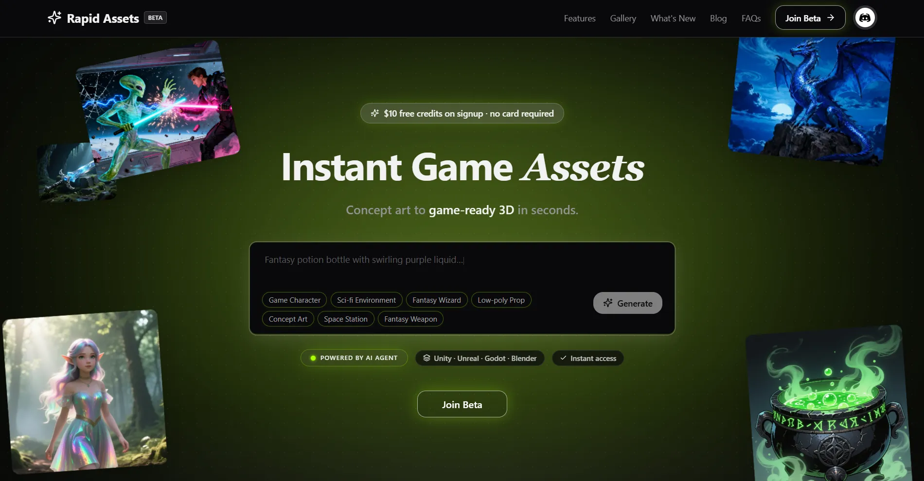 Rapid Assets platform — AI game asset creation with plugins for Unity, Blender, Unreal Engine and Godot