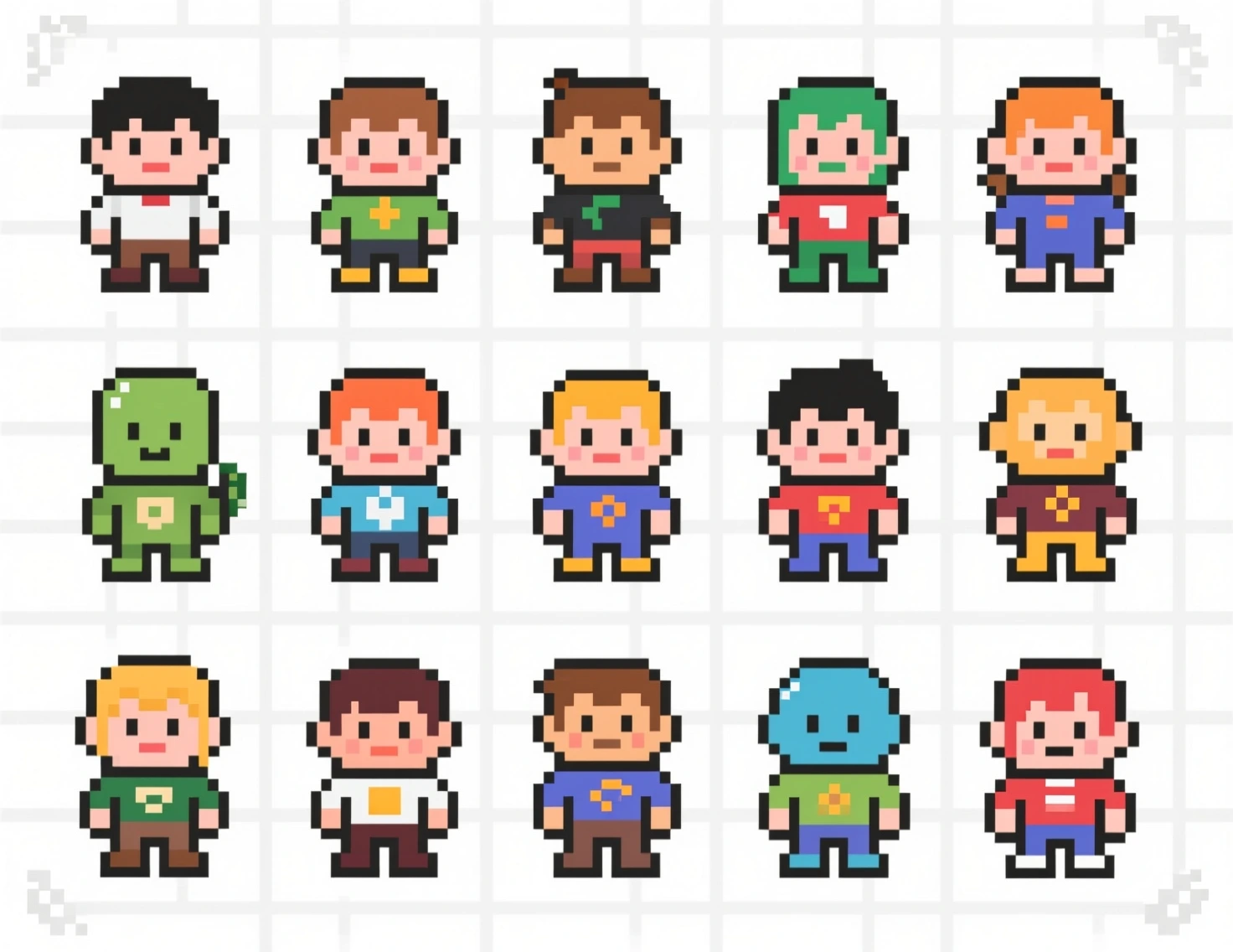 Pixel-art character sprite sheet generated for indie game development with Rapid Assets in Unity
