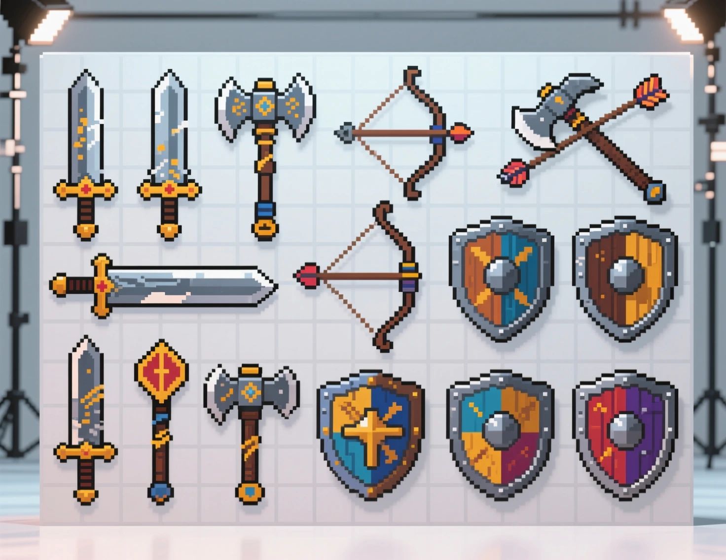 Pixel-art weapon and shield sprite sheet generated for indie game development with Rapid Assets in Unity