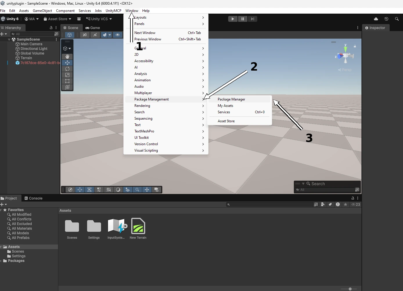 Unity Window menu showing Package Management then Package Manager