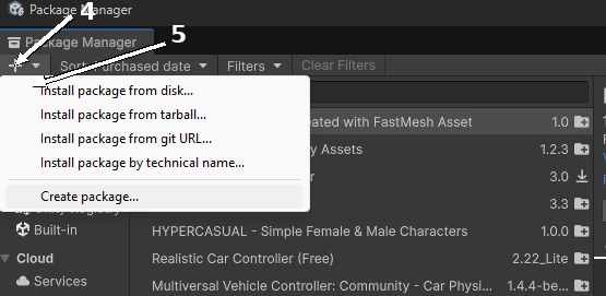 Unity Package Manager plus button dropdown with Install package from disk option
