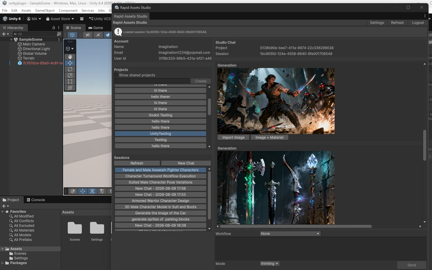 Rapid Assets Studio window docked in Unity with a generated image