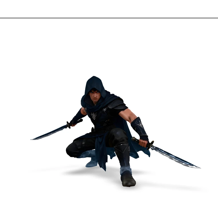 AI-generated 3D hooded nightblade assassin wielding dual daggers, text-to-3D for Unity