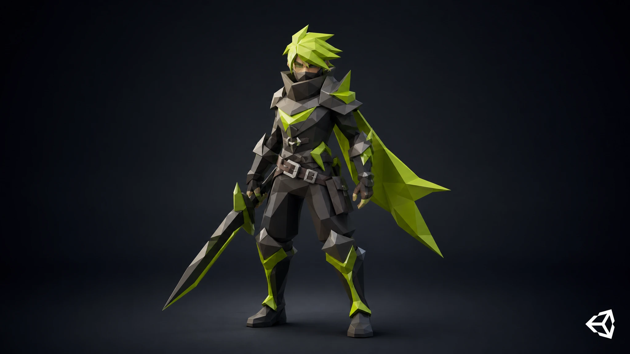 Low-poly 3D game character with green armor accents, representing the Rapid Assets Unity plugin