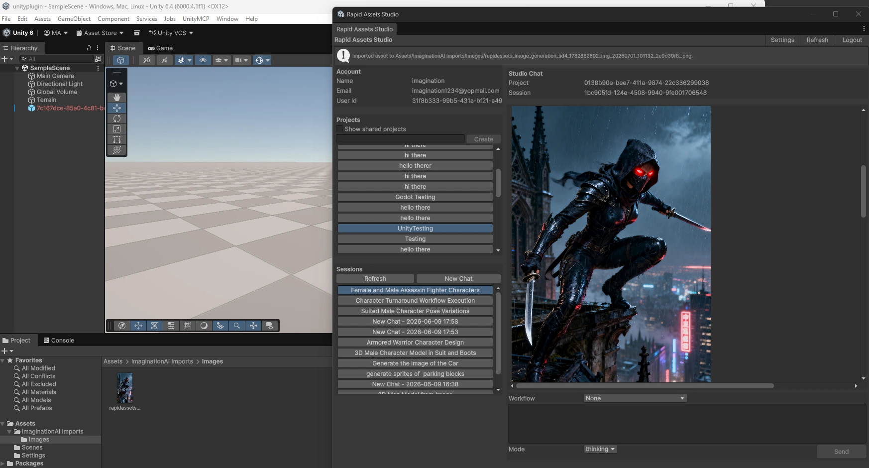 Rapid Assets Studio panel open in Unity editor showing generated warrior battle scene and fantasy weapons imported into the project