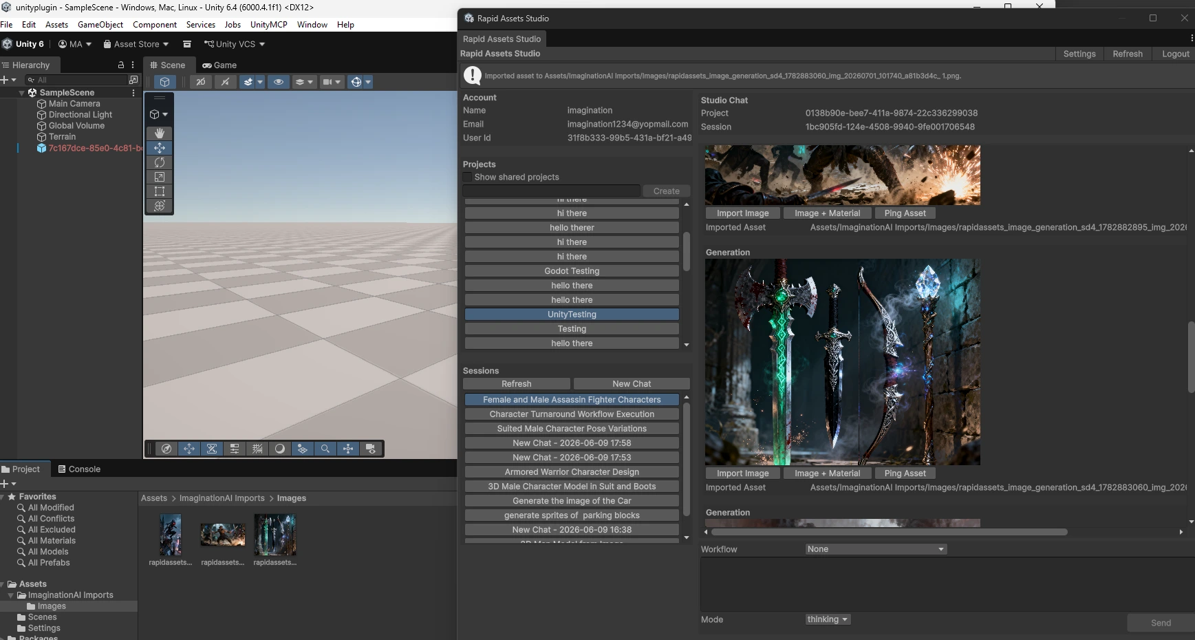 Fantasy weapons set generated with Rapid Assets Unity plugin showing multiple imported images in the Assets panel