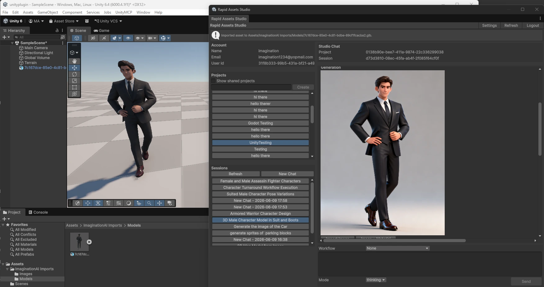 Rapid Assets Unity plugin showing a generated 3D male character in suit imported into Unity scene view alongside the plugin panel