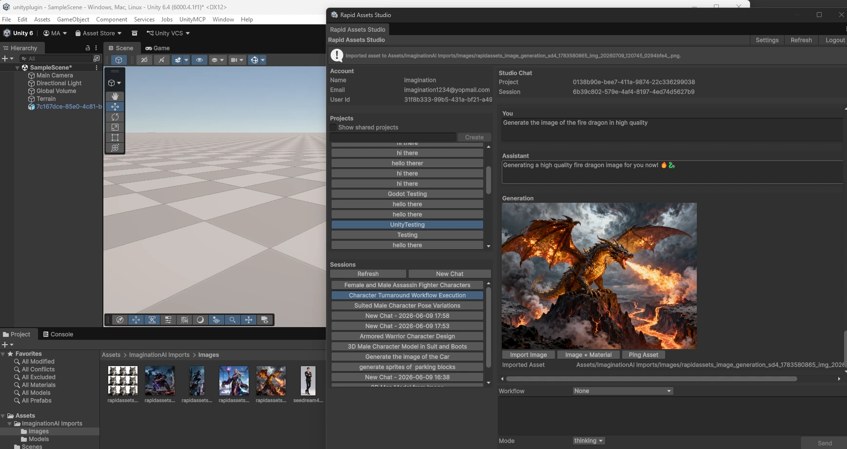 Rapid Assets plugin generating a high quality fire dragon image inside Unity editor, ready for one-click import