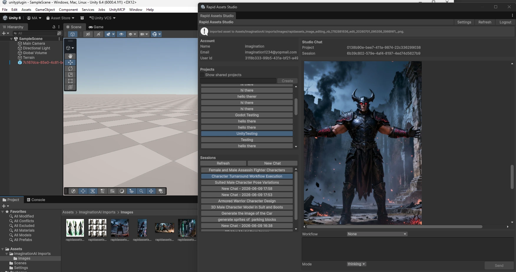 Rapid Assets Unity plugin Pose Variations workflow: dark horned armored knight in a hero arms-wide pose