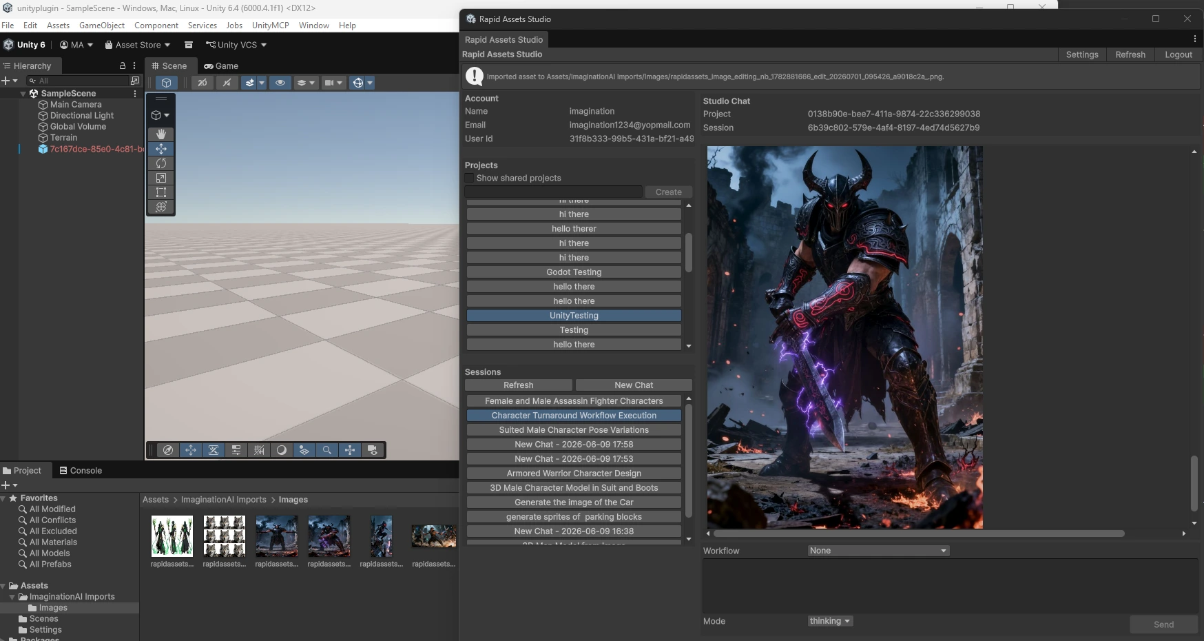 Rapid Assets Unity plugin Pose Variations workflow: same dark knight in a dynamic combat pose with lightning effects