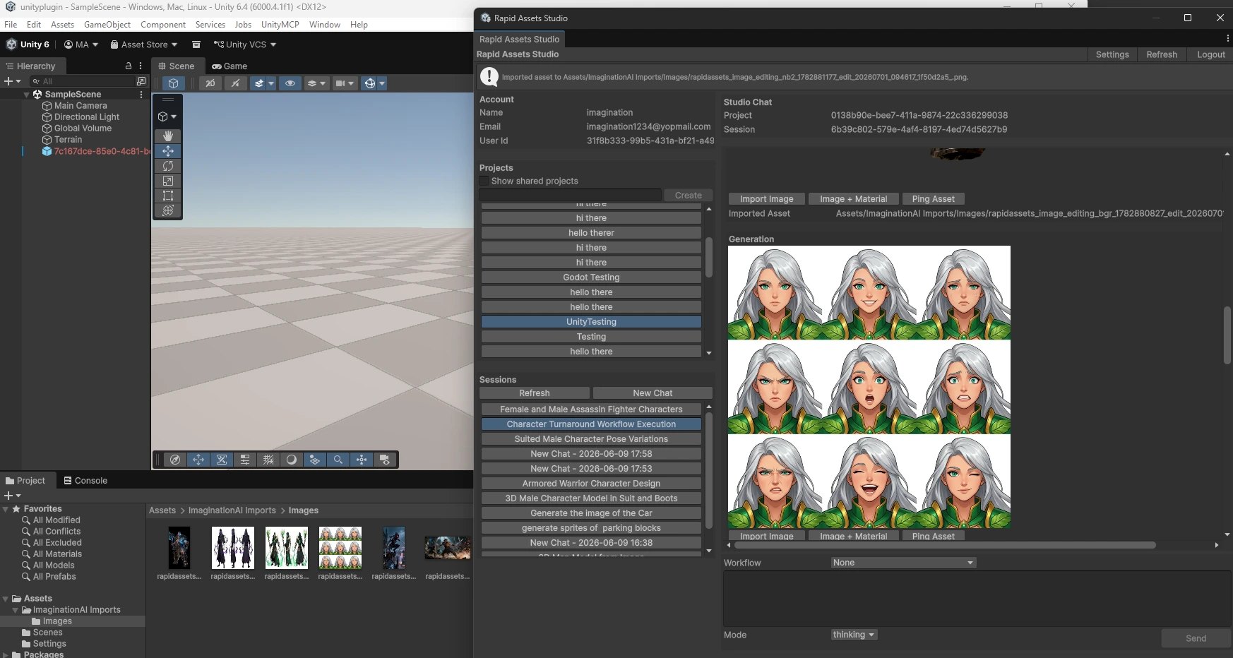 Rapid Assets Unity plugin Facial Pose Sheet workflow: 3x3 expression grid for an anime elf female character