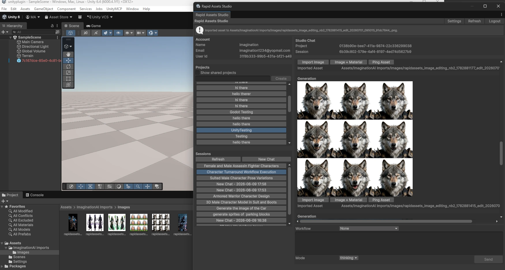 Rapid Assets Unity plugin Facial Pose Sheet workflow: 3x3 expression grid for a wolf warrior character