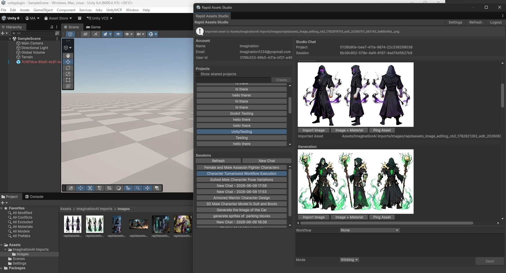 Rapid Assets Unity plugin Character Turnaround workflow result: dark wizard necromancer front, side and back views generated in one pass