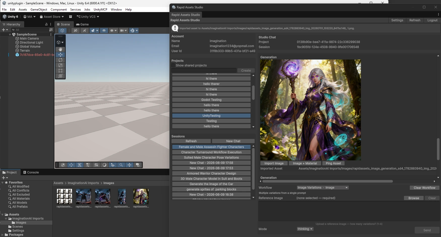 Rapid Assets Unity plugin Image Variations workflow: arcane sorceress mage in enchanted forest setting, variation 1