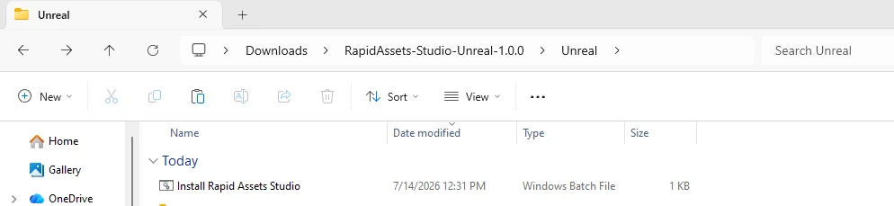 File Explorer showing Install Rapid Assets Studio batch file in the downloaded Unreal folder