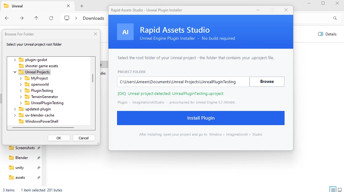 Browse For Folder dialog open in Rapid Assets Studio installer to select Unreal project root