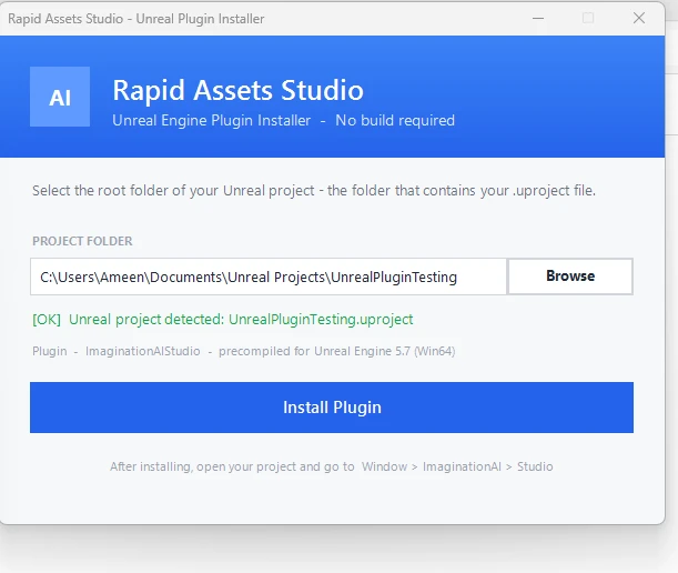 Rapid Assets Studio installer showing Unreal project detected with Install Plugin button ready to click