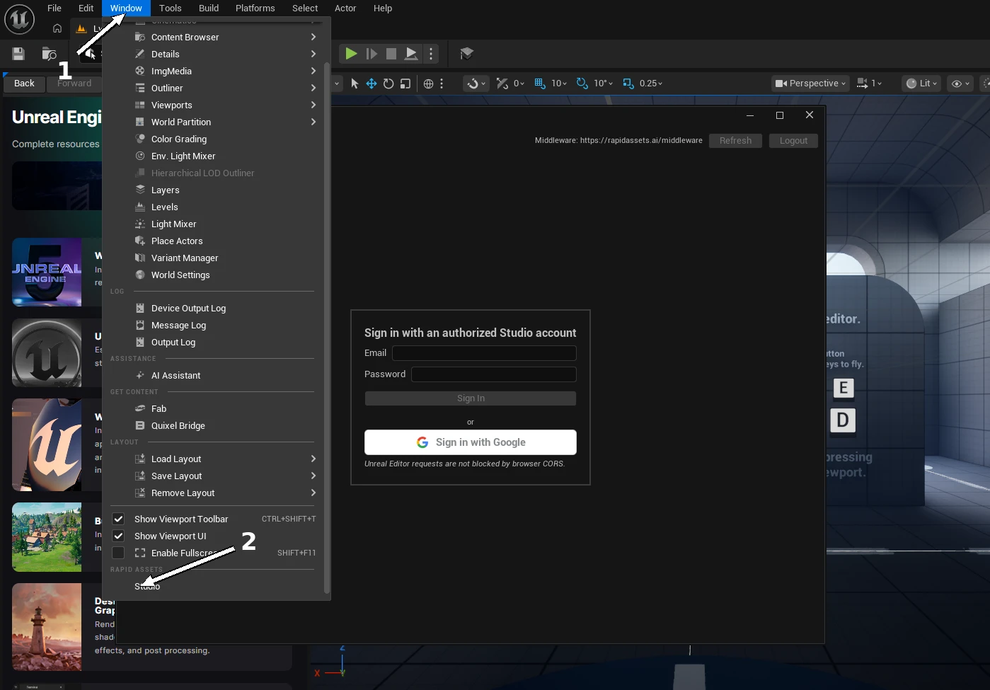 Unreal Engine Window menu open with Studio option highlighted under Rapid Assets section