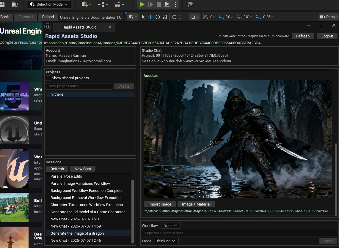 Rapid Assets Studio panel open in Unreal Engine showing account info and generated character image