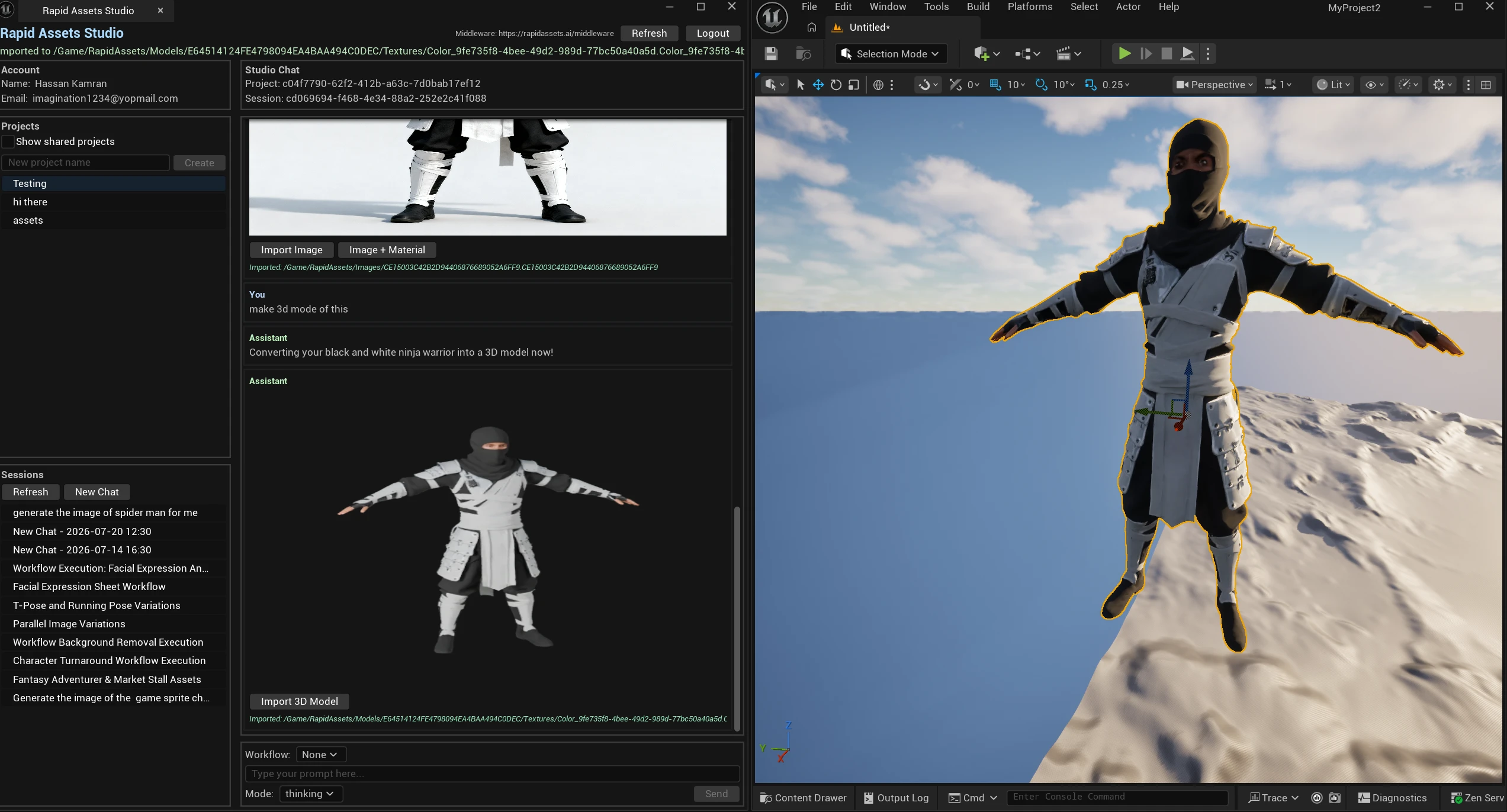 Rapid Assets Studio panel in Unreal Engine converting a ninja warrior image into a textured 3D Static Mesh, shown imported into the viewport