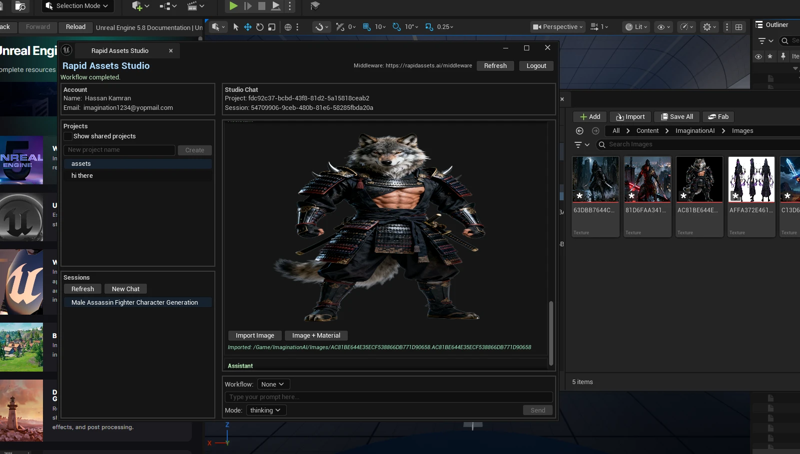 Rapid Assets Unreal Engine plugin showing Background Removal workflow with dragon result