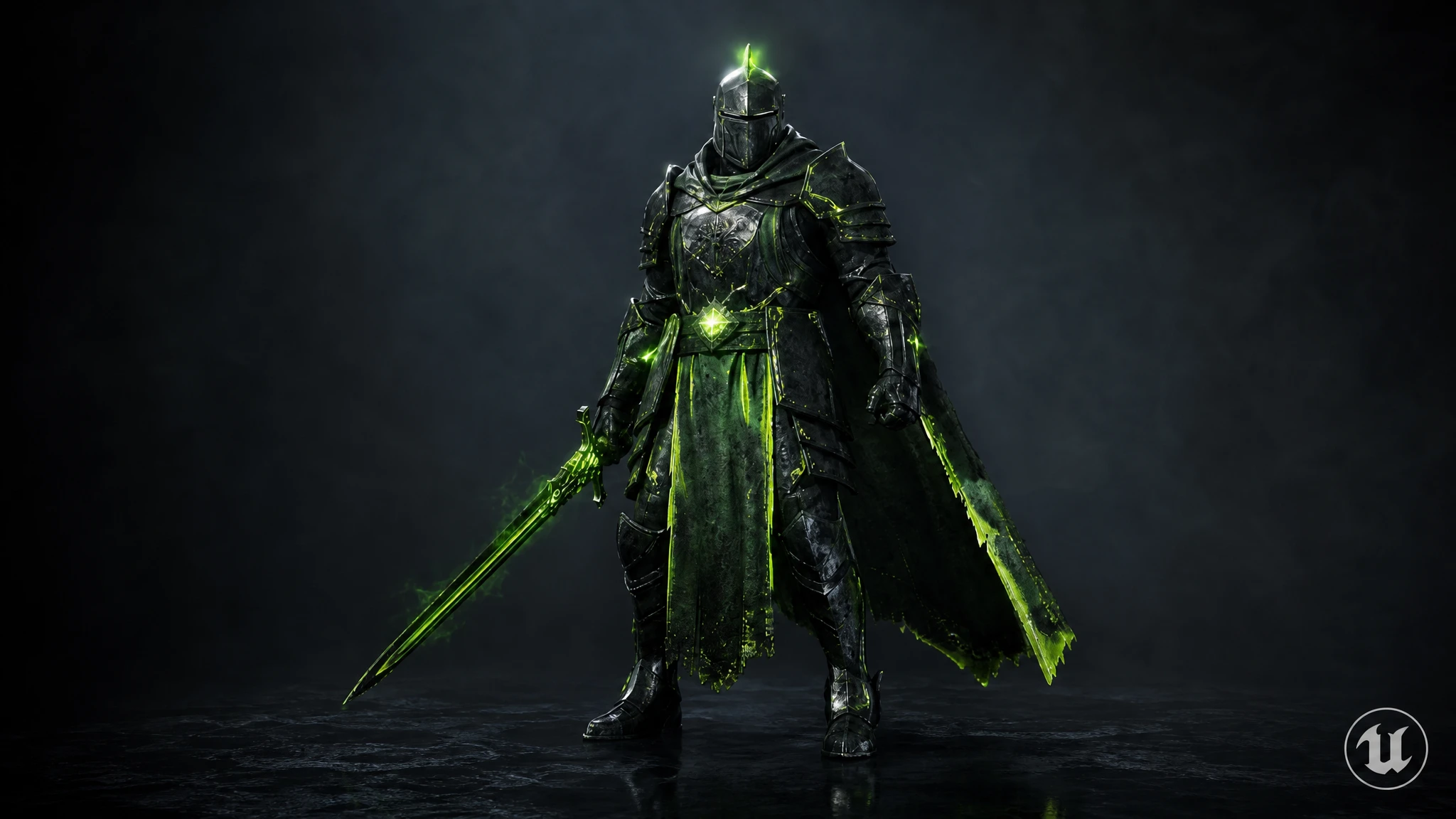 Cinematic armored knight with glowing green accents, representing the Rapid Assets Unreal Engine plugin