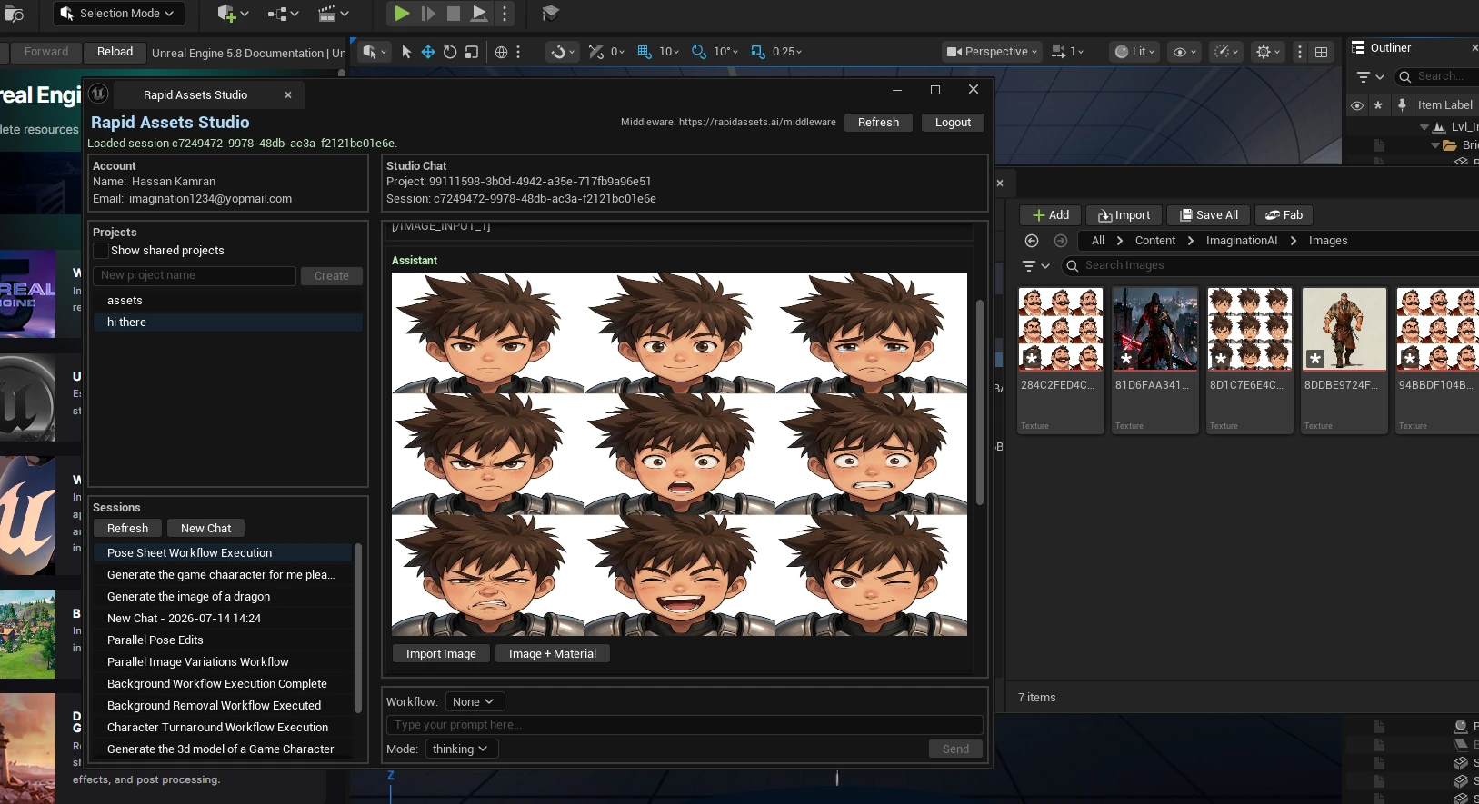 Rapid Assets Unreal Engine plugin showing Facial Pose Sheet workflow with dwarf character 9 facial expressions