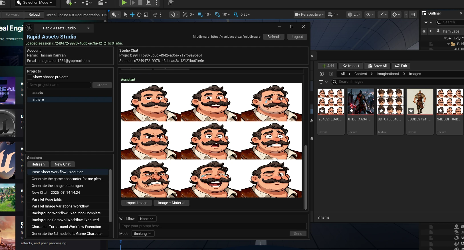 Rapid Assets Unreal Engine plugin showing Facial Pose Sheet workflow with male game character 9 facial expressions