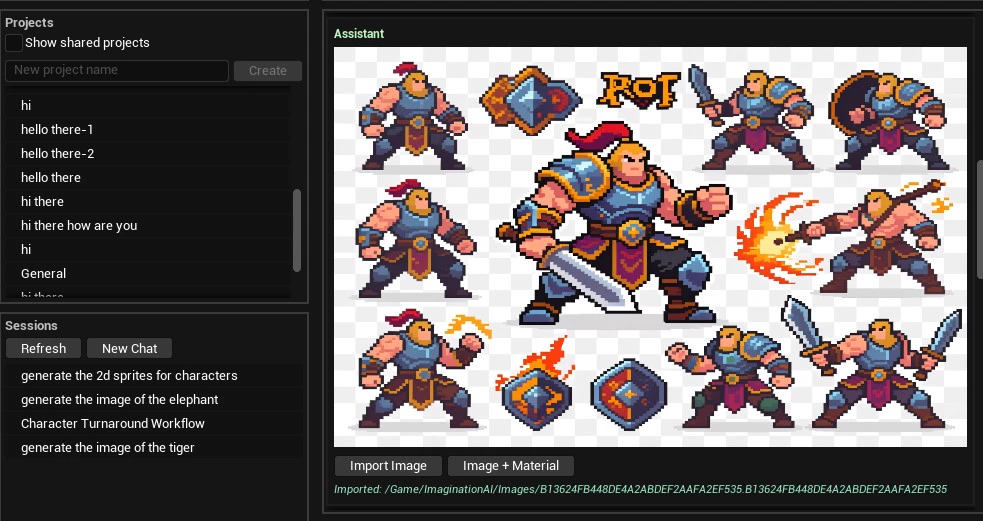 Rapid Assets Unreal Engine plugin showing pixel-art warrior sprite sheet generated and imported into Content Browser