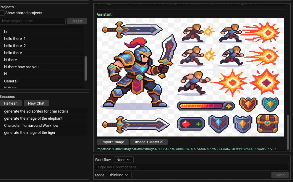 Rapid Assets Unreal Engine plugin showing action character sprite animations and game items generated