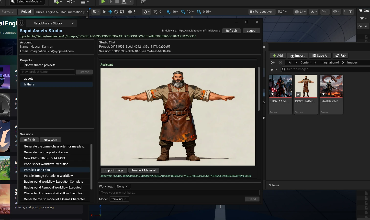 Rapid Assets Unreal Engine plugin showing Pose Variations workflow with warrior character in T-pose