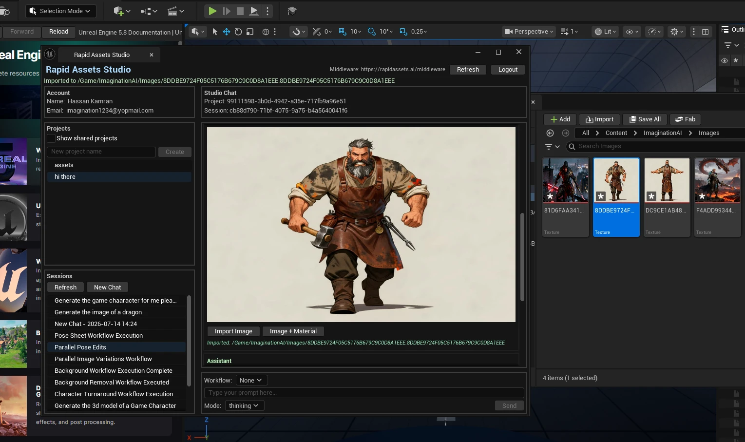 Rapid Assets Unreal Engine plugin showing Pose Variations workflow with same warrior in dynamic action pose with axe and shield