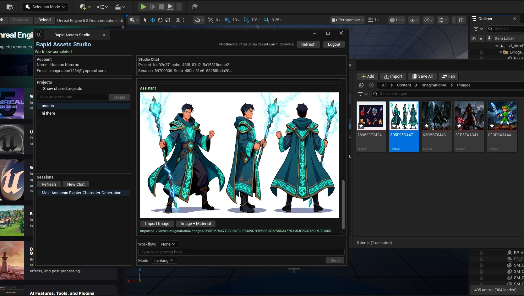 Rapid Assets Unreal Engine plugin showing brutal warrior character turnaround front side back views with Character Turnaround workflow