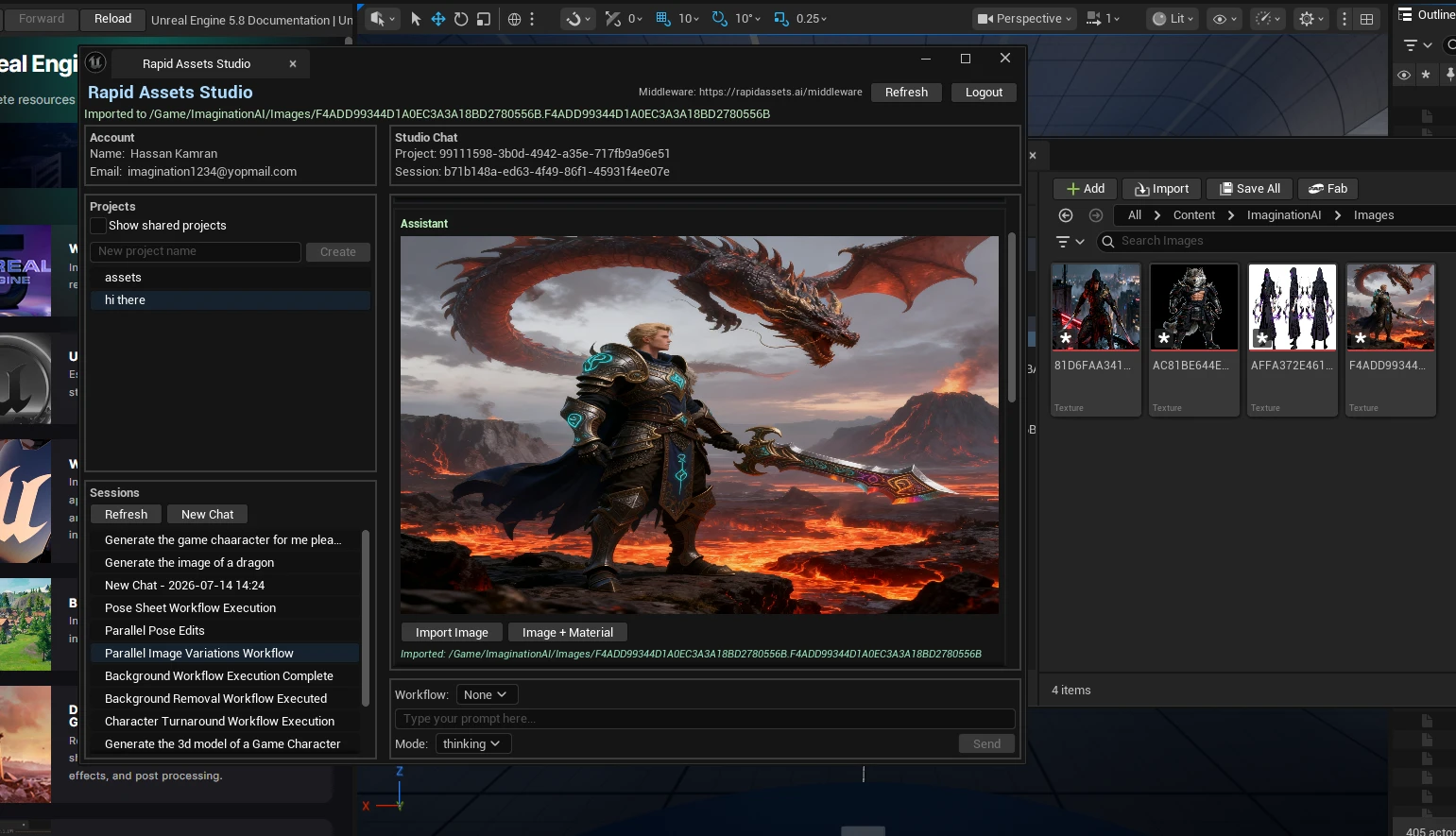 Rapid Assets Unreal Engine plugin showing Image Variations workflow with goblin creature in dark forest, first variation